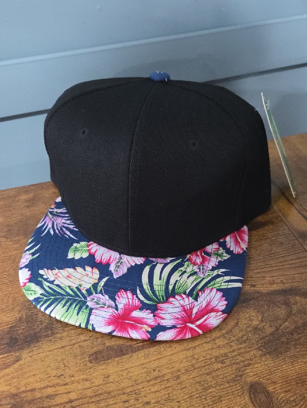 Hawaiian Blue And Black Snapback Hat with Floral Brim